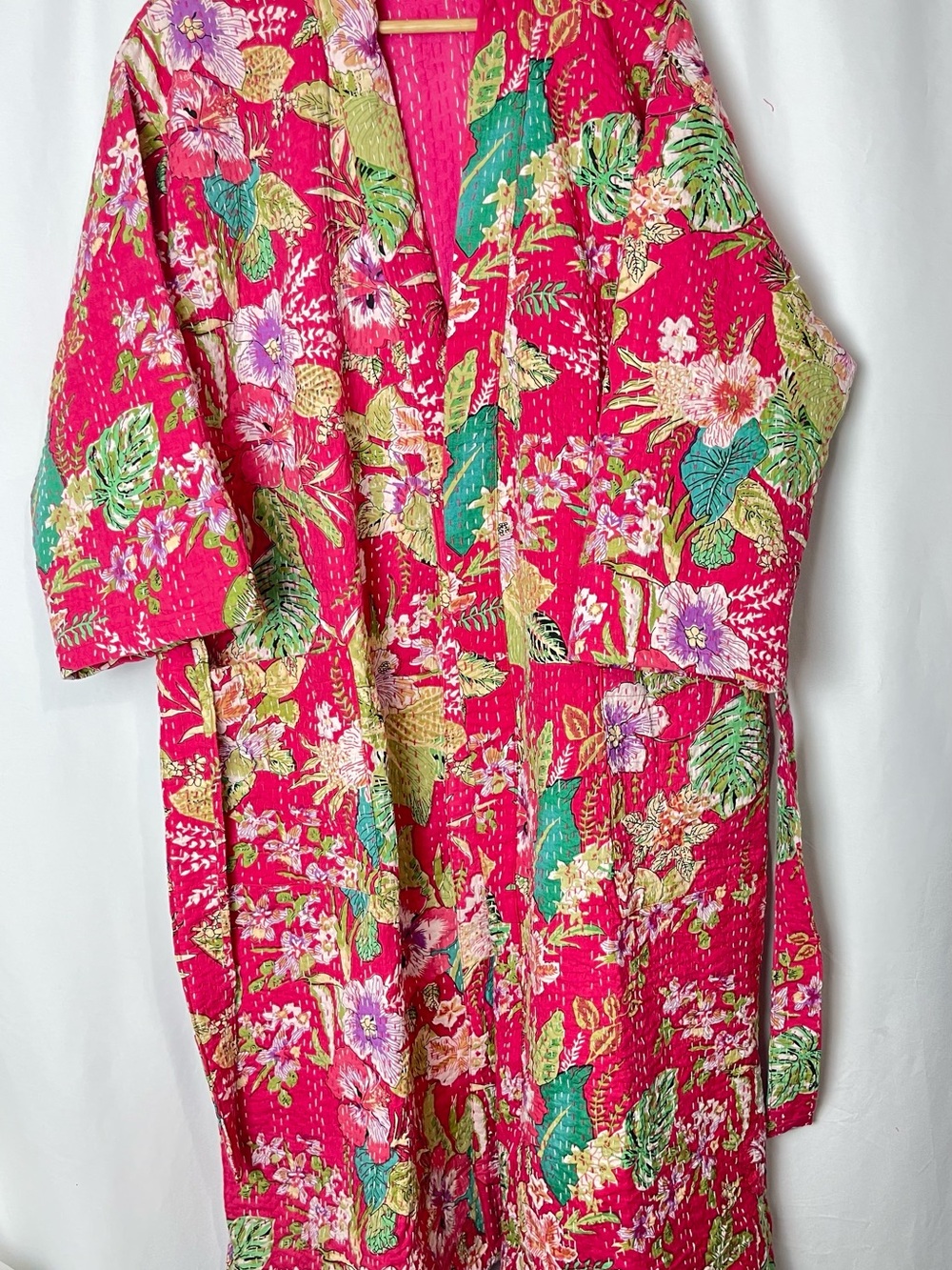 bright hot pink (fuchsia), Multicolor Floral Kantha Robe Cotton Kimono Boho One